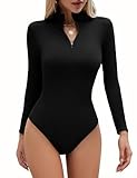 Vijamiy Body Damen Langarm Sexy Bodysuit V Ausschnitt Reißverschluss Body Shape Tanga Einteiliger Oberteile Stretch Schlank Elegant Langarmbody(Schwarz,S)