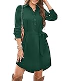 Florboom Damen V Ausschnitt Blusenkleid Button Down Langarm Kleider, Casual Hemdkleid mit Taillengürtel (Grün, S)