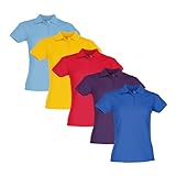 Fruit of the Loom 5er Pack Ladies´ 65/35 Polo Damen Poloshirt, Sky Blue + Sunflower + Red + Purple + Royal, M