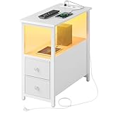 Rolanstar Beistelltisch mit Steckdosenleiste, Schmaler Nachttisch mit 2 Schubladen, Sofatisch aus Holz für kleine Räume Wohnzimmer Schlafzimmer, weiß, 58L x 28B x 60H cm