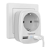 TESSAN USB Steckdose, Mehrfachstecker für Steckdose, 4000W Steckdosenadapter, Mehrfachstecker Schuko Stecker mit 2 USB, Ladestecker Netzteil für Phone, Mehrfachsteckdose Adapterstecker, Grau