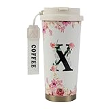 MHwan Kaffeebecher To Go, Doppelschichtiger Vakuum-Kaffee Thermobecher (530 ml), Personalisiertes Geschenk für Frauen mit Den Initialen A-Z, Kann Direkt Oder mit Einem Strohhalm Getrunken Werden