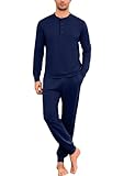 Litherday Schlafanzug Herren Lang Baumwolle Langarm Pyjama Set mit Knopfleiste Warmer Schlafen und Loungewear Schlafanzughosen für Männer(Marineblau,L)