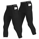 HYCOPROT 1 or 2er Pack Herren 3/4 Kompressionshose mit Taschen Laufhose Tights Sport Leggings Atmungsaktiv Funktionsunterhose Tight Hose für Basketball Fitness Joggen (Black, L)