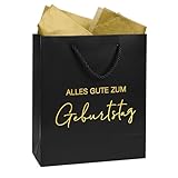 MEJOSER Geschenktüte Geburtstag Schwarz 25x21x10cm Groß Geschenktasche mit Henkel aus Papier Happy Birthday Tüte mit Seidenpapier für Frau Mann Junge Mädchen