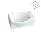 Waschbecken Keramik Waschtisch Hängewaschbecken klein Handwaschbecken Weiß Eckig-Oval 40 x 28 cm Badezimmer Gäste WC | Hahnloch Rechts | Überlauf | Stockschrauben | OHNE Wasserhahn | OHNE Ablaufventil