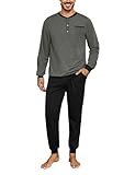 Bresdk Schlafanzug Herren Pyjama Lang Baumwolle Zweiteilige Nachtwäsche für Winter Grau Schwarz L