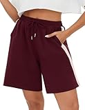 Terecey Sport Shorts Damen Kurze Jogginghose Lockere Streifen Freizeitshorts Sommer Sporthose High Waist Bermuda Kurze Hose mit Taschen und Kordelzug fur Fitnessstudio Running Yoga, Weinrot XL