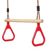 Leogreen Kinder Holz Trapeze Schaukel mit Kunststoff Turnringe, Aufhängen belastbar bis 150KG, Schaukel Outdoor Kinder, Kinderholz Trapeze Schaukel für Garten Indoor Outdoor, Rot