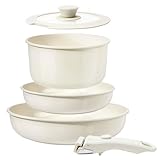 5 PCS Topfset, Kochtopf Induktion 16/18/20cm, Camping Kochgeschirr mit Abnehmbarer Griff und 18cm Deckel, Antihaft Keramik Cooking Pot für Alle Herdarten, Backofenfest