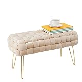 Zedelmaier Moderner Velvet SitzBank, Quadratisch Ottoman-Fußhockermit goldfarbenen Metallbeinen, Gepolsterte SitzBank,Strick Samt Bank (Beige, 70x38x41.5cm)