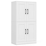 FANTASK Küchenschrank Holz, Hochschrank mit 4 Türen & verstellbaren Regalen, Buffetschrank, Mehrzweckschrank für Wohnzimmer, Esszimmer, 60 x 30 x 110 cm (Weiß)