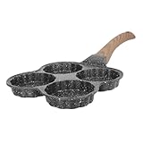 SOLUSTRE Eierbratpfanne mit Vertiefungen Antihaftbeschichtete Spiegelei form Schwarzer Mondkuchen stil Holzgriff für Hamburger und Frühstück Geeignet für Offene Flamme Küchenzubehör