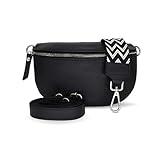 Bauchtasche Damen, Umhängetasche für Damen aus 100% Echtleder, Elegante Gürteltasche Groß mit gemusterten & verstellbaren Schultergurt, Schultertasche für jeden Anlass Schwarz 3 L