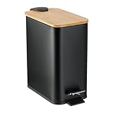 Relaxdays Mülleimer Bad, 5 Liter, entnehmbarer Inneneimer, Kosmetikeimer, Metall, Badmülleimer mit Bambusdeckel, schwarz