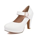 Mode Frauen T-Strap High Heels Bogen Plattform Runde Zehe Pumpen Leder Sommer Süße Schuhe（White 6-2，40）