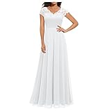 Abendkleider Elegant Für Hochzeit, Bodenlanges Kleid Damen Hochzeitsgast Outfit Spitze V-Ausschnitt Brautjungfernkleider Ballkleid Bodenlang Langarm Cocktailkleid Kleid A Linie (Weiß,L)