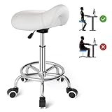 Sattelhocker Ergonomisch - Bequemer Sattelstuhl mit einem breiten Sattelsitzkissen, drehbarer, verstellbarer Sattelhocker mit Rollen und Ringpedal für Medizin,Massage, Salon,Büro und Zuhause (Weiß)
