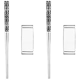 Veemoon Edelstahl Essstäbchen Satz mit Ständer Verschleißfest Wiederverwendbar Schwarz Silber Praktischer Essstäbchenhalter für Haushalt und Tisch