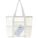 Tragetasche – tragbare Schwimmtasche – wasserdichte Netz-Fitness-Handtasche, große Kapazität für Handtuch, Sonnenschutz, Sport, weiß, Refer to description