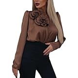 Lässige Damen-Sweatshirts, Passform, Pullover, leichte Damen-Satin-Bluse, Blume, V-Ausschnitt, langärmelig, Seidenhemd, elegantes Arbeitsoberteil, Reißverschluss-Sweatshirt für Damen, braun, L