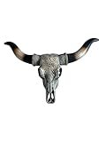 De Leon Collections Southwestern Silver Scroll Pattern Longhorn Kuh Stier Schädel mit schwarzer Spitze Horn hängende Wanddekoration