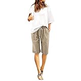 Damen-Sommer-Shorts, elastische Taille, knielange Shorts, Leinen, leicht, atmungsaktiv, Lounge-Shorts, einfarbig, Kordelzug, Wandershorts für Damen, weicher Komfort, Wandershorts für Damen, khaki, M