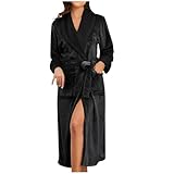 Fleece-Pyjama-Bademantel für Damen, dicker Plüsch-Pyjama mit V-Ausschnitt, Seitenschlitz, langer Bademantel, weich und bequem, Flanellnachthemd, Schwarz, S, Schwarz , 36