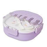 Lunch Box, Brotdose Box für Kinder Erwachsene ufsicher Brotzeitbox Box Lunchbox mit 3 Fächern und Besteck Mikrowelle Heizung Für Kinder Und Erwachsene (Purple)