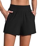 Charmo Badeshorts Damen Bauchweg Badehose High Waist Schwimmhose Schnelltrocknend Bikini Shorts mit Liner Taschen Schwarz