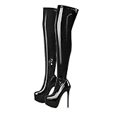 blingqueen Damen Plateau Stiefel Stretch Overknee Boots Stiletto Lack Schwarz 45 EU