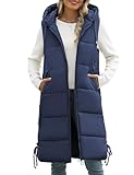 Vancavoo Lange Jacke Weste für Damen Ärmellose Steppweste mit kapuze Daunenweste Übergangsweste Winterjacke Longweste Leichte Warm Gesteppt Winterweste Mänte,Marineblau,L