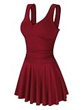 Clearlove Damen Push up BadekleidFigurformender Bunt Badeanzug mit Röckchen Bauchweg Einteiliger Badekleid Weinrot-Upgrade,XL