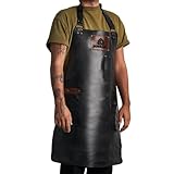 BURNHARD Grillschürze Leder Schwarz, Lederschürze 100% Büffelleder, Größenverstellbar, BBQ-Schürze mit Taschen, Kochschürze