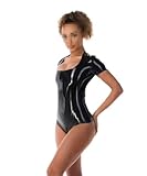 VIYOLI Frauen Latex Katzenanzug, Latex Strümpfe mit kurzen Ärmeln und Rückenreißverschluss, 0,4MM, maßgeschneidert, transparent Schwarz, M