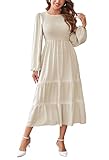 Kleid Damen Langarm Elegant A Linie Maxikleid Boho Kleider Lang Casual Dress Wickelkleid Beige XL