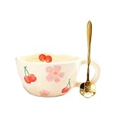 Keramik Teetasse, Geschenke für Frauen, Kawaii Kaffeetasse Handgemachte Kreative Blume becher mit Löffel, Ästhetische Tassen für Milch 250ml Cappuccinotassen Weihnachten Geschenk (Rose)