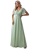 Ever-Pretty Damen Ballkleider Gürtel Lang A-Linie Empire Kurze Ärmel V-Ausschnitt Chiffon Elegant Minzgrün 40EU