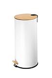ECHTWERK Tretabfalleimer Skandi Look, Abfalleimer, Mülleimer, robuster Eisenkorpus mit Bambusdeckel, Soft Close Funktion, Weiß, Fassungsvermögen 30 Liter