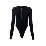 FDEETY Damen Body mit Langarm Rundhalsausschnitt Bodysuit Shirts Stringbody Overall Sexy Elegant Bodysuit Top
