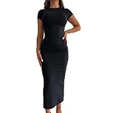 Hanaoops Damen Kleid Sommer Lounge Langes Maxikleid Elegant Kurzarm Rundhalsausschnitt Figurbetontes Kleider Y2k Aesthetic Clothes