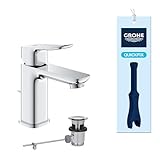 GROHE Dice, Waschtischarmatur, wassersparend (Wasserhahn für das Bad, Badarmatur mit Zugstangen-Ablauf, 15cm hoch, mit 3in1 Werkzeug, einfache Installation am Waschbecken), chrom, 1018560000