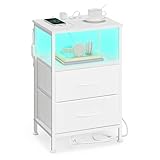 SONGMICS BELLAH Kollektion - Nachttisch mit Ladestation, Beistelltisch mit App-gesteuerter, Einstellbarer LED-Beleuchtung, 1 offenes Fach, 2 Schubladen, wolkenweiß-schneeweiß LGS302WH03