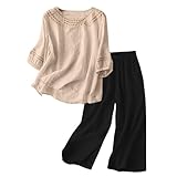 Lounge Set Damen Kurz Baumwolle Baumwolle Und Leinen Zweiteiler Damen Sommer Stickerei Rundhals 3/4 Ärmel T-Shirts Casual Vintage Oberteile Und Baggy Schwarze Gerade Hose Mit Kordelzug Zweiteiler