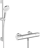 hansgrohe Crometta - Duschset mit Thermostat Ecostat 1001 CL, runder Duschkopf mit Brausestange 65cm, Duschkopfhalterung und Brauseschlauch 1,60m, Duschbrause mit 2 Strahlarten, Weiß/Chrom