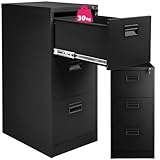 tectake® Aktenschrank mit 3 Schubladen & Hängeregistratur, abschließbar, Metallschrank mit 2 Schlüssel, Teleskopschienen, Mehrzweckschrank mit Vollauszug, Büroschrank f. Hängemappen in DIN 4 - schwarz