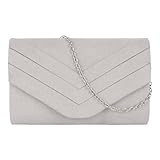 MEGAUK Damen Samt Clutch Elegante Abendtasche Wildleder Handtasche Envelope Tasche Unterarmtasche mit Kette für Hochzeit Wedding Prom Party Hellgrau