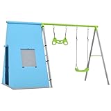 AIYAPLAY 3 in 1 Schaukelgestell Outdoor Schaukelgerüst mit Spielzelt, Schaukel und Turnringe, Kinderschaukel mit Metallgestell, Gartenschaukel für Kinder Grün