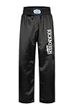 BAY® 'EDEL Stick Kickboxhose, Größe 130, komplett schwarz, gestickte Schrift Kickboxen, Thaiboxhose lang, Hose Kick-Boxen Thaiboxen Muay Thai, Satinhose, Black