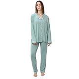OCCIENTEC Pyjama für Damen Langarm Damen Schlafanzug mit Knopfleiste Nachtwäsche PJ Set Zweiteiliger Freizeitanzug Nachtwäsche Hausanzug Pyjama-Set für alle Jahreszeiten(Grün,S)